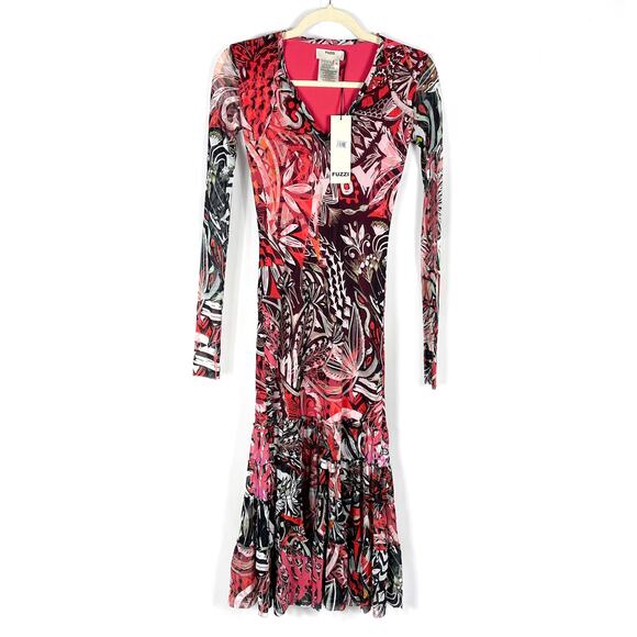 FUZZI Mystical Print Long Sleeve Midi Dress Ruby Red V-Neck Mesh Y2K 90s Sz S - Picture 5 of 11